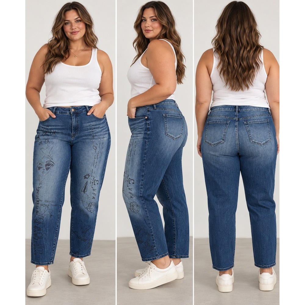 Torrid Girlfriend Jeans Womens 16 Blue Graphic Doodle Print Artsy Grunge Indie